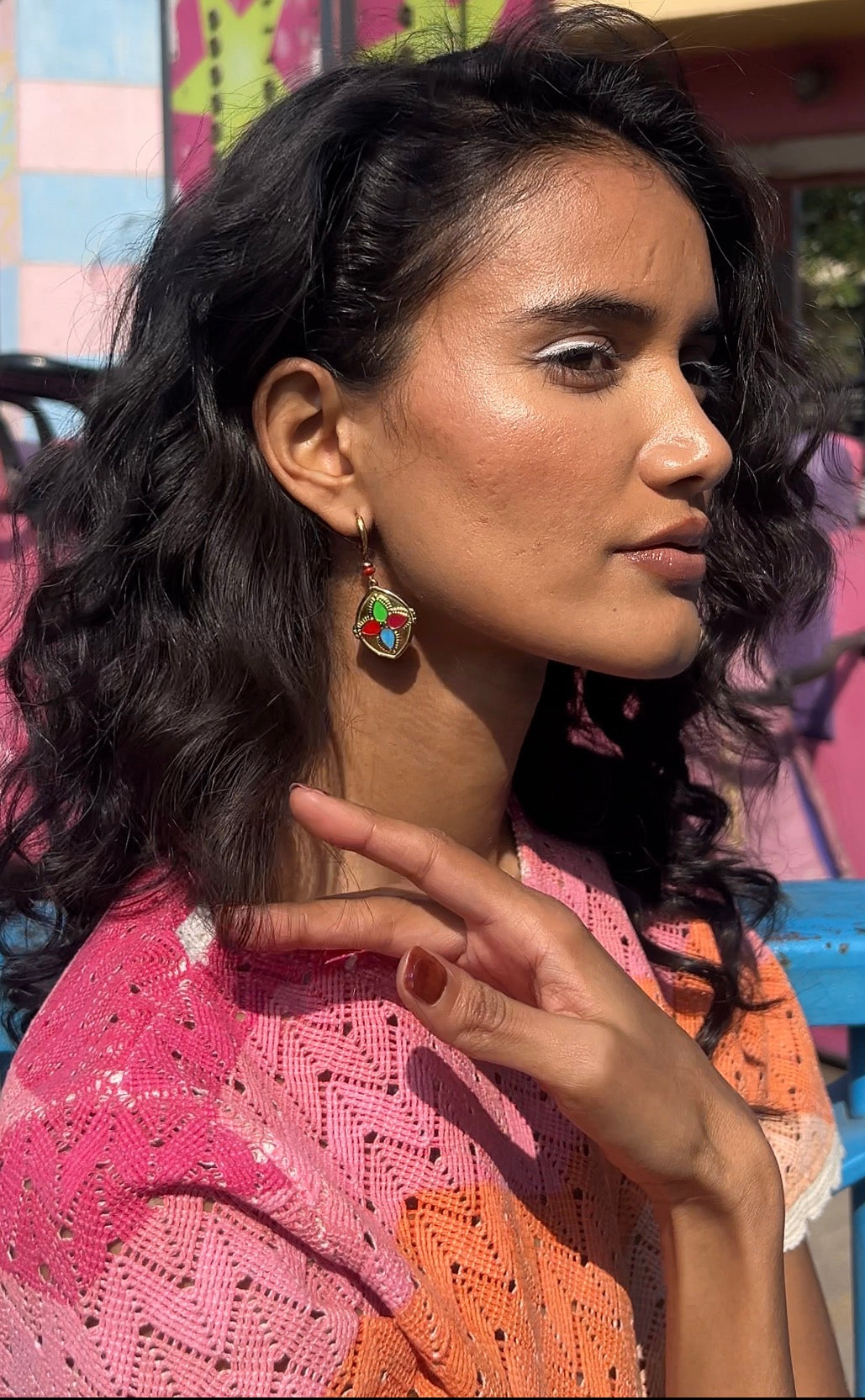 Multicolor Floral Drop Hoop Earrings