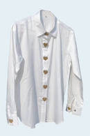 White shirt with gold buttons on a light blue background